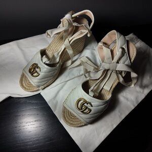 Gucci Platform Matelassé White Leather Espadrille Sandals